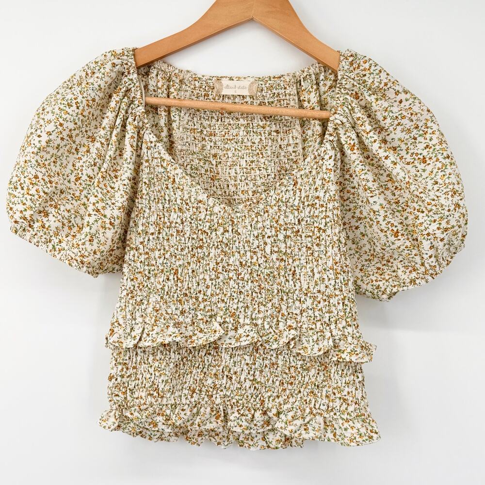 Altar’d State Floral Smocked Puff Sleeve Peplum Blouse Cottagecore Size Small